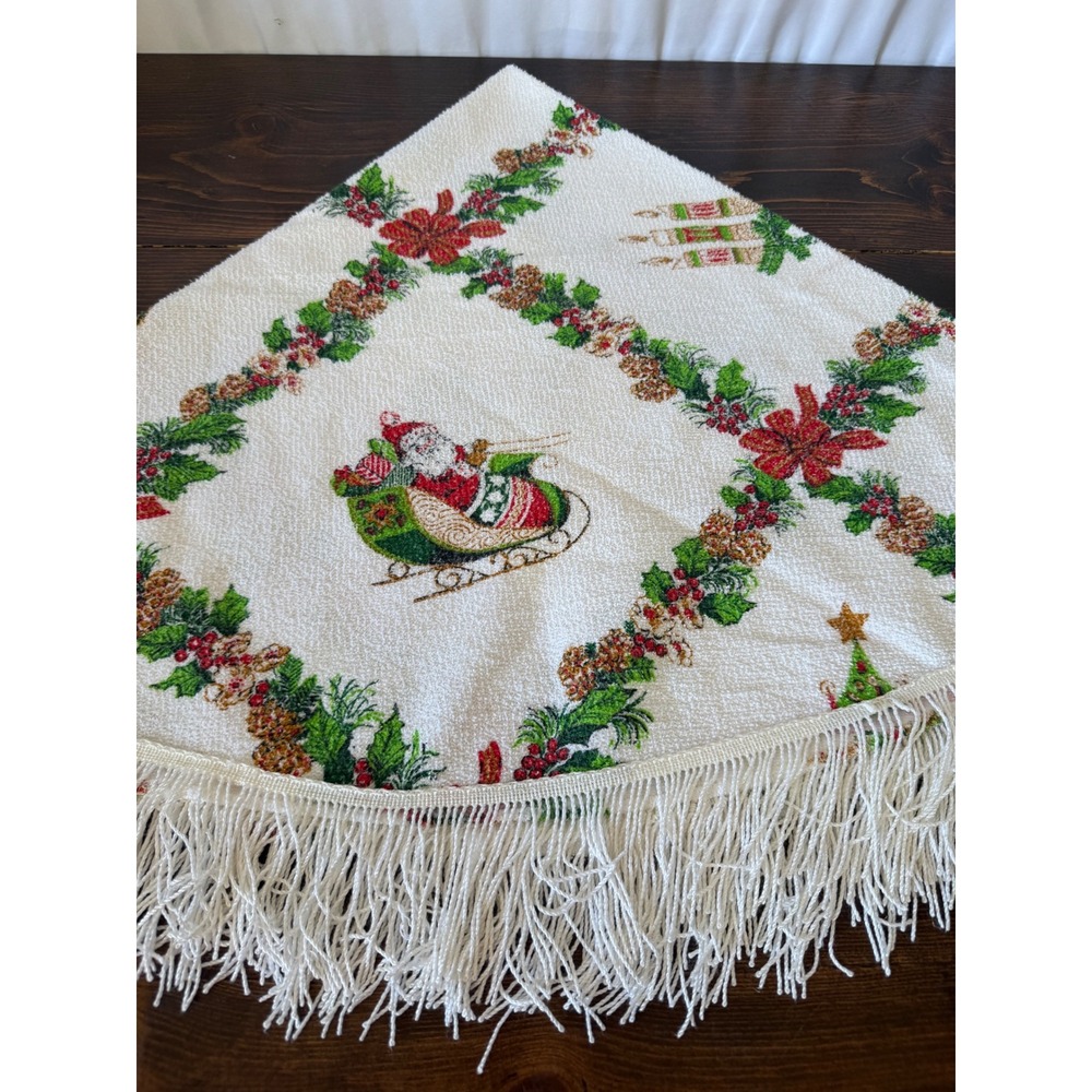 Vintage Christmas Tree Skirt 46 Inch Round Santa Sleigh Fringe Trim Woven White - Picture 6 of 9
